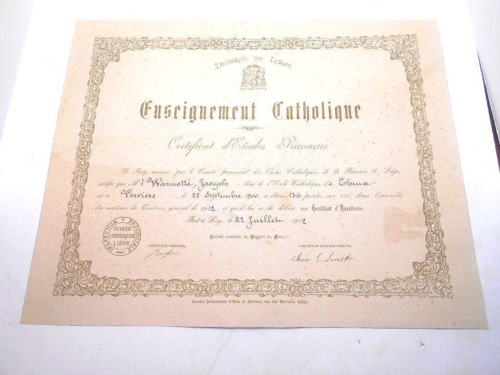 ancien certificat scolaire Diocese Liège 1912, Enlèvement ou Envoi