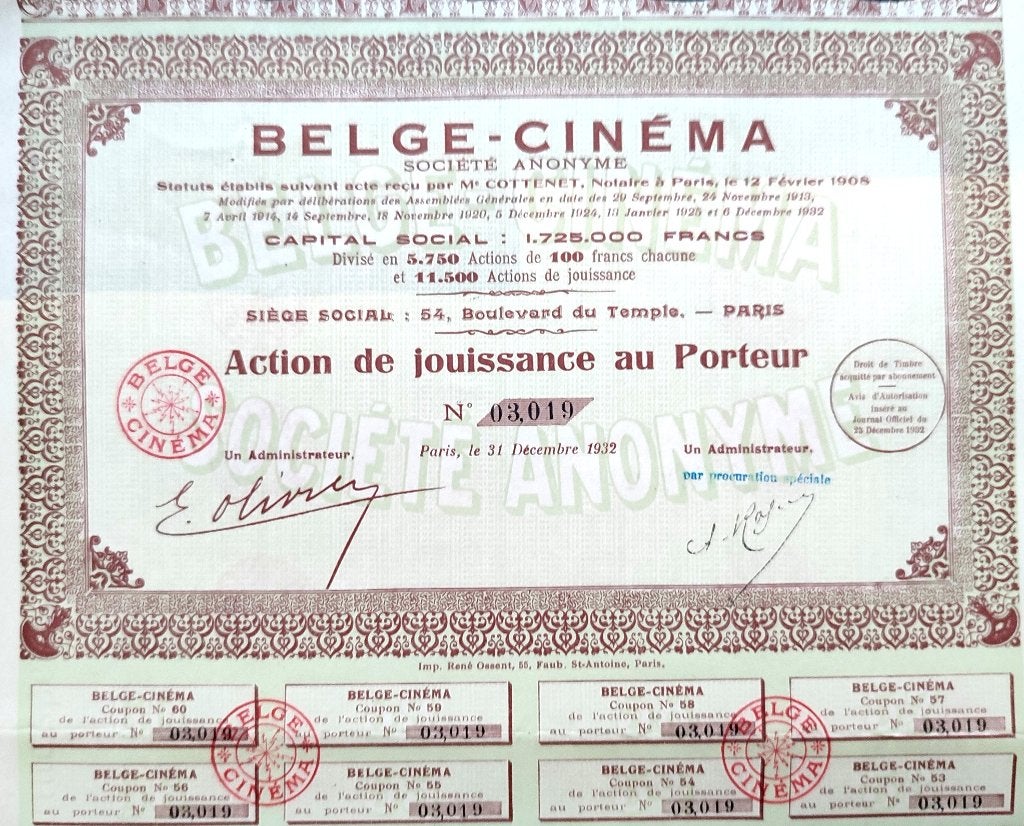 Belge-Cinéma S.A.1932, Timbres & Monnaies, Enlèvement ou Envoi, 1920 à 1950, Action
