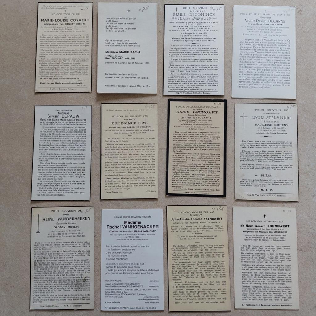 Lot van 12 oude doodsprentjes van Luingne, Verzamelen, Bidprentjes en Rouwkaarten, Ophalen of Verzenden