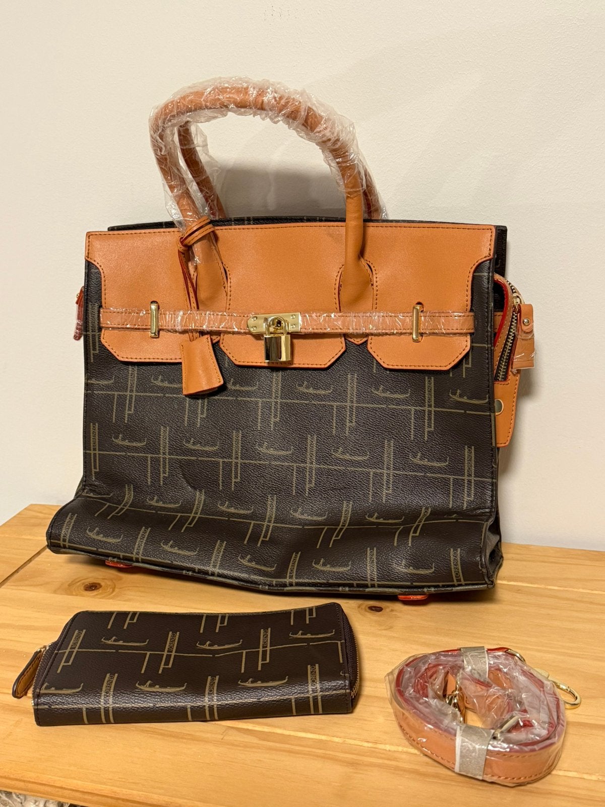 Handtas PU (kunststof-) leder + kunststof portemonnai, Ophalen, Nieuw, Bruin, Handtas