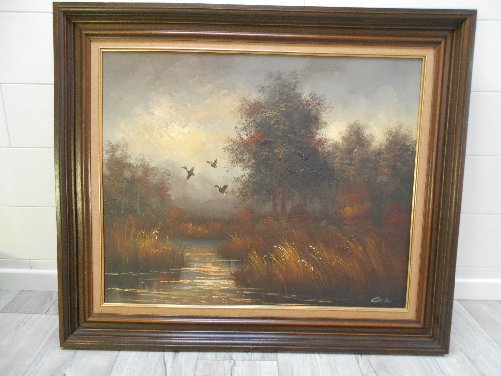 SCHILDERIJ - EENDEN OVER T WATER, Ophalen, Doek, Gesigneerd, Landschap