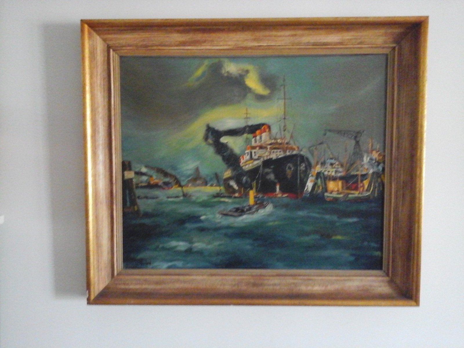 MOOI OUD OLIE VERF SCHILDERIJ OP DOEK " HAVENZICHT ", Ophalen