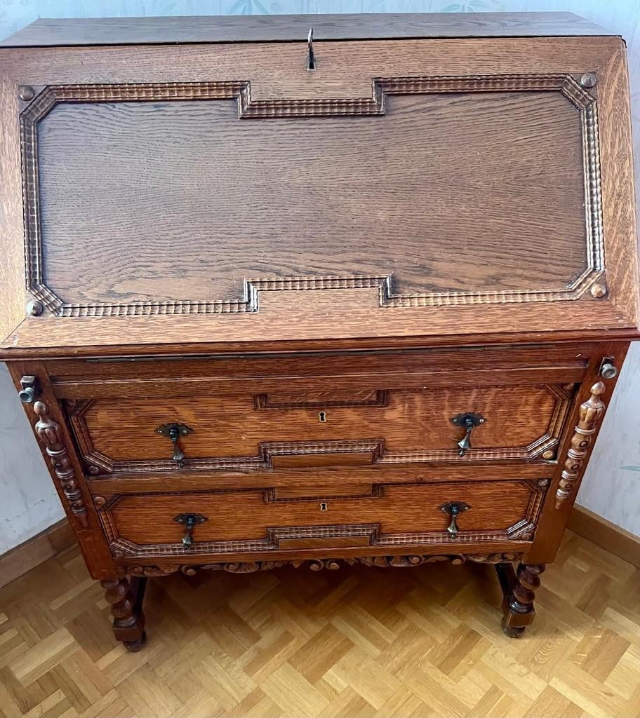 Vintage houten secretaire / bureau met lades – massief hout, Ophalen, Gebruikt, Secretaire, Vintage