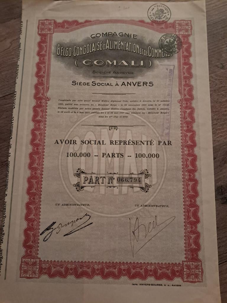 Actie van het Belgisch-Congolese voedingsbedrijf, Ophalen of Verzenden, 1920 tot 1950, Aandeel