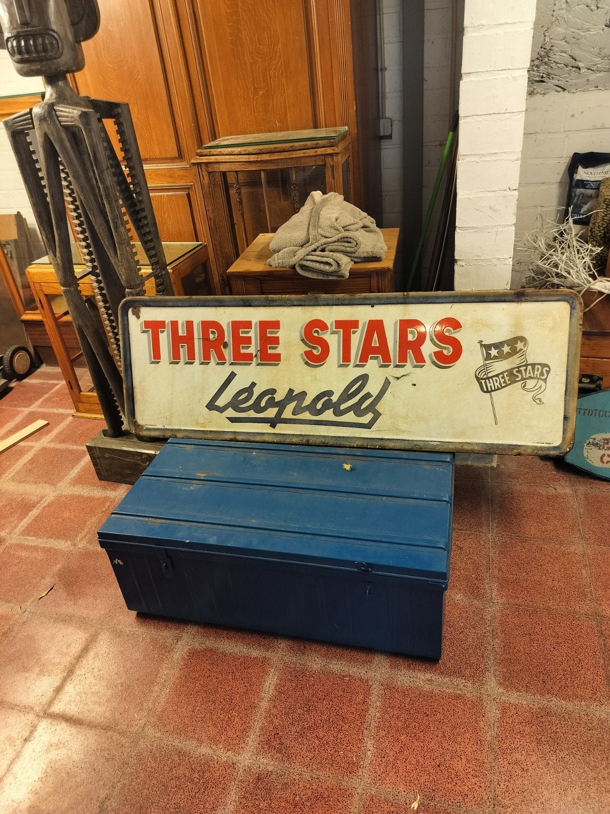 Authentiek email bord Three Stars brouwerij Leopold 150x50, Ophalen