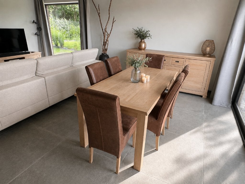 Complete witgekalkte massief houten eetkamerset, Ophalen of Verzenden, Gebruikt, Style maison de campagne / gîte de charme, 6 tot 8 stoelen