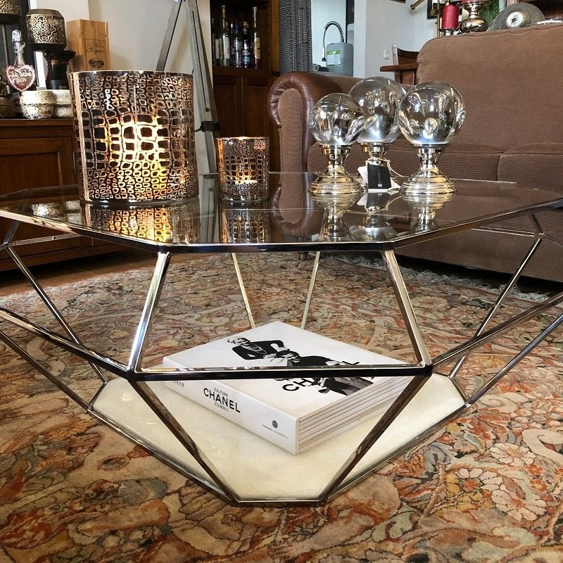 Eichholtz rvs-salontafel marmeren onderkant met glasplaat, Huis en Inrichting, Ophalen, Overige stijlen, Zo goed als nieuw, Metaal