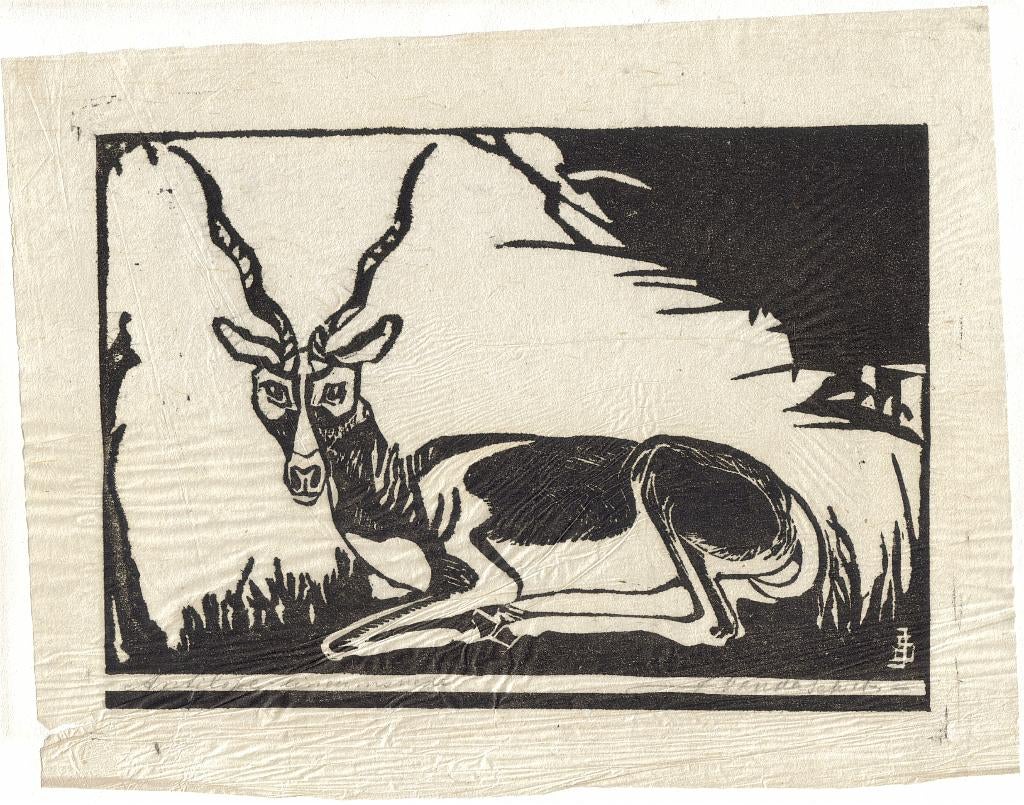 J. Vandalekiet (oid.) linosnede "Antilope", gesigneerd, Antiek en Kunst, Ophalen