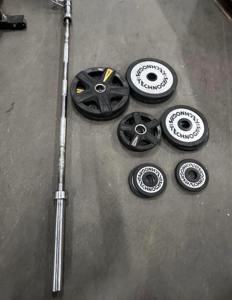 105 Olympische Technogym / Lifemaxx Gewichten + Barbell, Sport en Fitness, Fitnessmaterialen, Ophalen, Gebruikt, Halterschijven