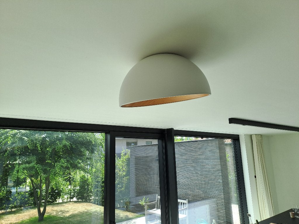 Design hanglamp Ø 50 cm, Huis en Inrichting, Lampen | Hanglampen, Ophalen, Zo goed als nieuw, Hout, Overige fittingen
