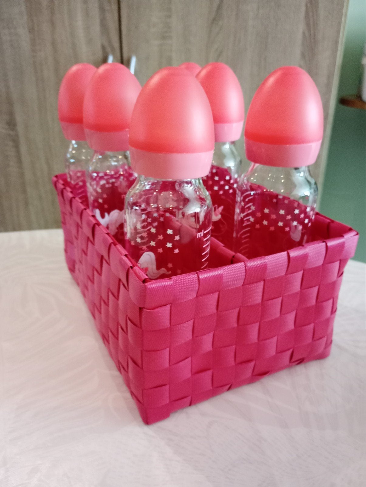 Lot biberons en verre avec capuchons et panier, Enlèvement ou Envoi