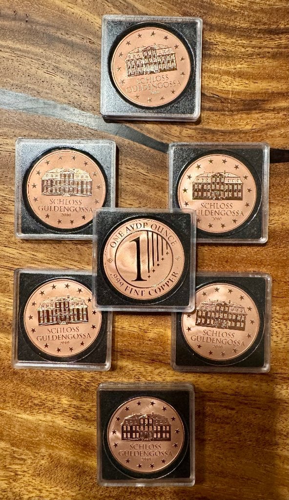 Partij van 7x1 oz Schloss Güldengossa koper munten, Enlèvement ou Envoi, Cuivre