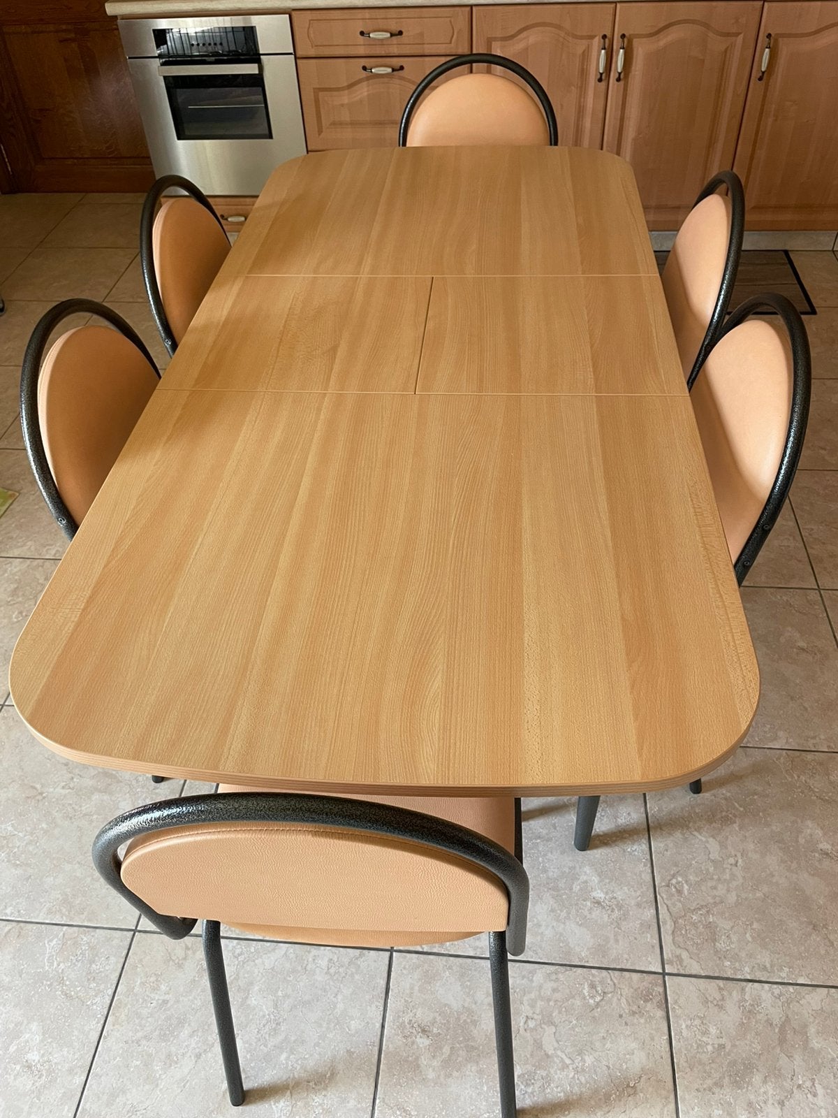 Zeer degelijke keukentafel in hout-metaal + 6 stoelen, Ophalen, 100 tot 150 cm, 50 tot 100 cm, Zo goed als nieuw