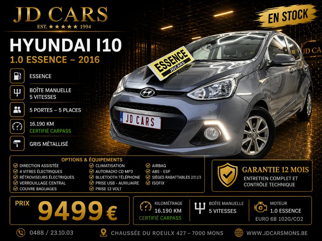 HYUNDAI I10 1.0 ESSENCE 16MKM ‼️GARANTIE 1 AN CTOK‼️, Autos, Hyundai, Entreprise, Achat, i10, ABS, Airbags, Air conditionné, Alarme