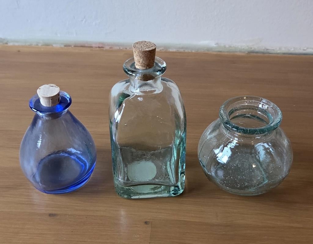 Setje glazen flesjes/vaasje, Ophalen of Verzenden, Gebruikt, Blauw, Glas