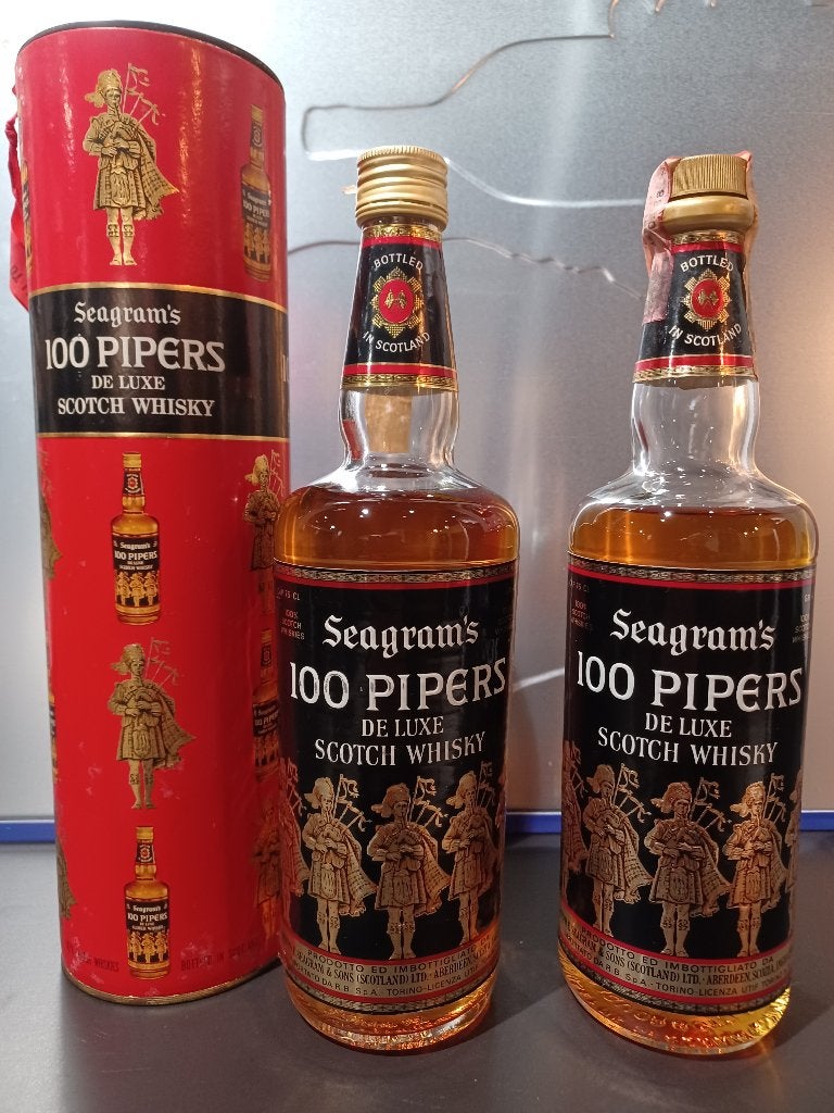 Set 2x vintage Seagram's 100 Pipers whisky jaren 70 (75cl), Verzamelen, Ophalen of Verzenden