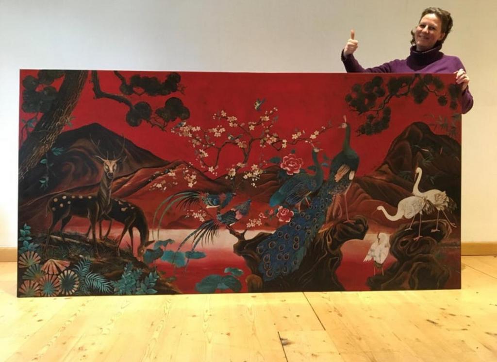 Panneau mural asiatique vintage XXL avec grues, Enlèvement