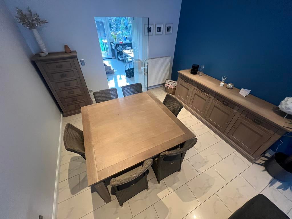 Set meubels in wit eik + 6 stoelen incl kussens, Huis en Inrichting, Ophalen, Gebruikt, 4 tot 6 stoelen