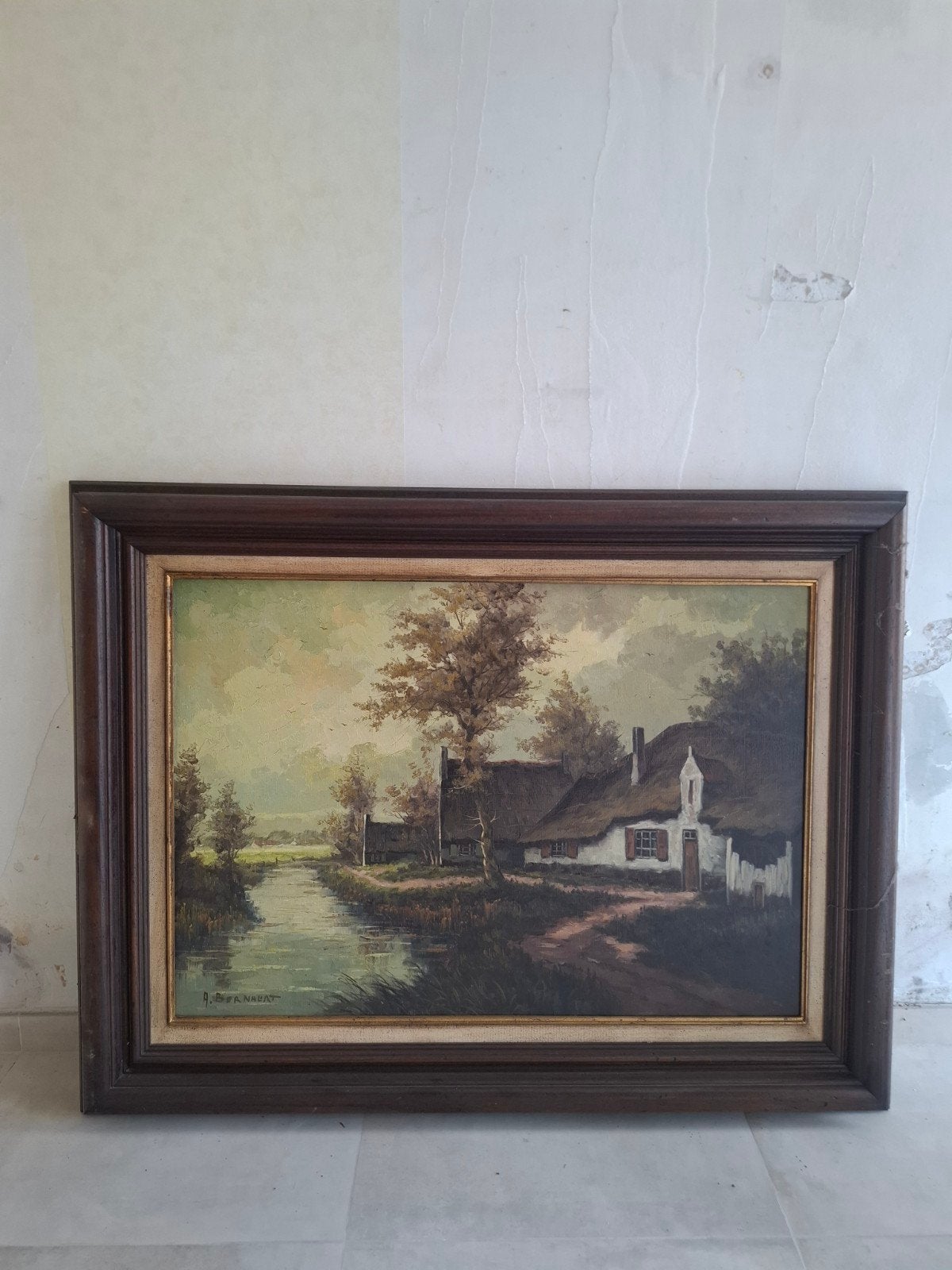 Vintage landschapsschilderij – landelijke hoeve, Paysage, Signé, Enlèvement, Toile