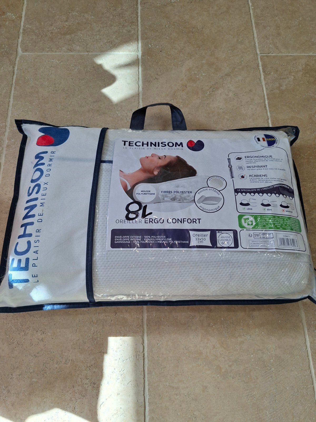 Oreiller Technisom Ergo Confort 33x50 anti-acariens, Maison & Meubles, Enlèvement ou Envoi, Oreiller