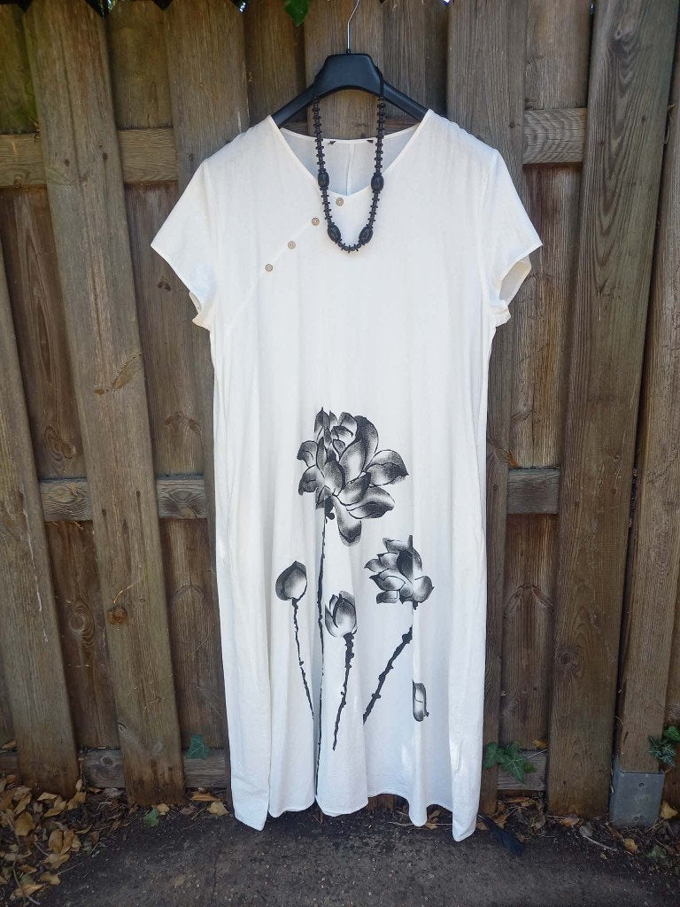 Mooie jurk, fris katoen, wit met zwarte bloemprint, maat 54, Kleding | Dames, Ophalen of Verzenden, Wit