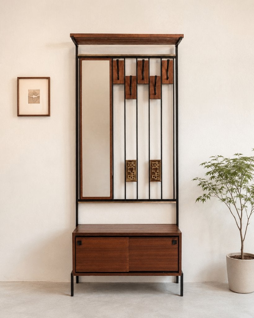 Vintage entreegarderobe van hout en zwart metaal, Ophalen, Hout