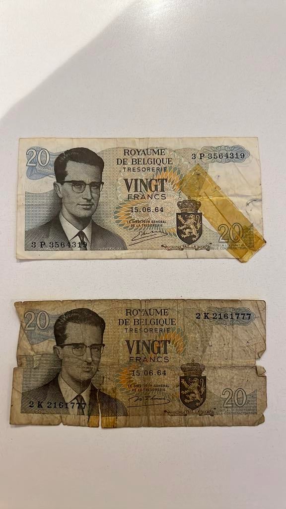 2 bankbiljetten 20 belgische frank 1964, Ophalen of Verzenden, Setje