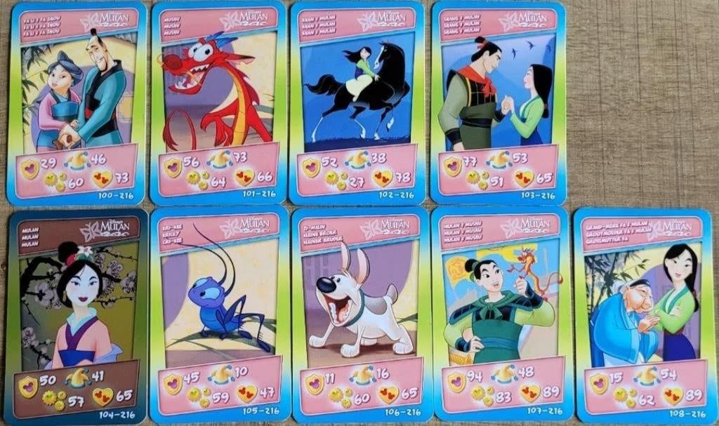 Mulan: 9 verzamelkaarten (Cora-Match), Ophalen of Verzenden, Zo goed als nieuw, Film, Foto of Kaart