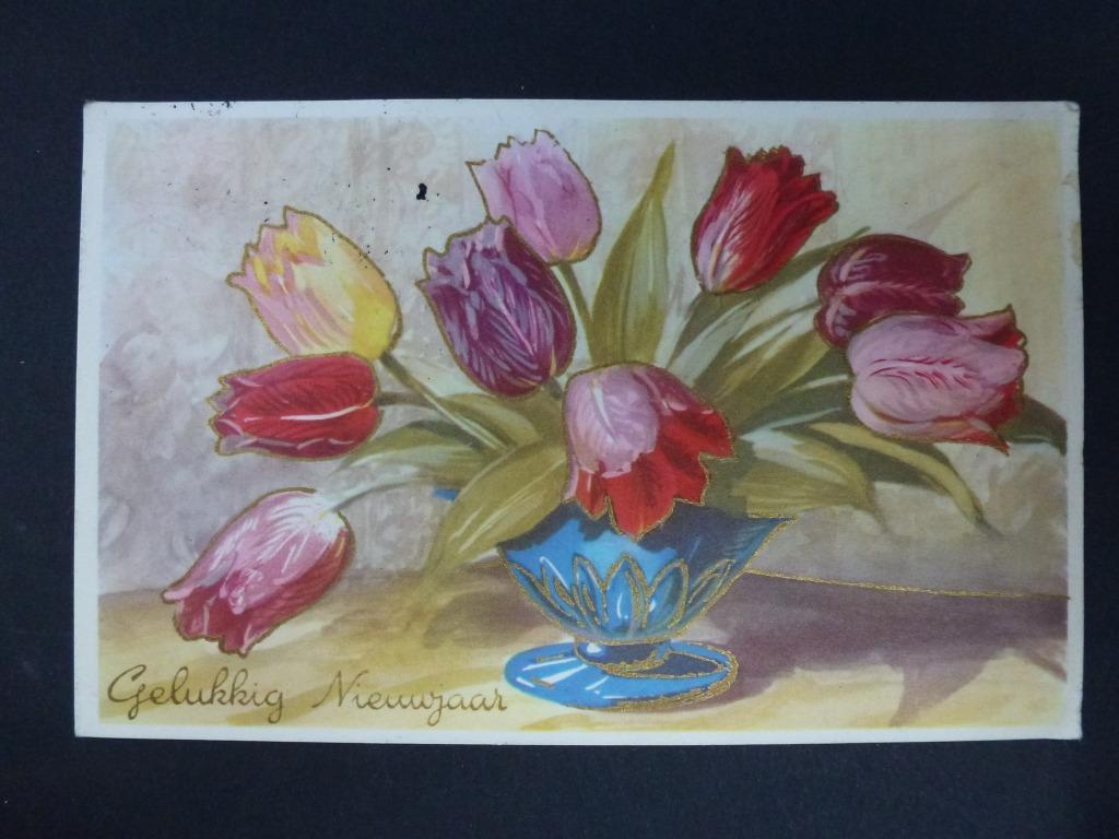 oude prentkaart tulpen Gelukkig Nieuwjaar tulpen sixties, Enlèvement ou Envoi, 1960 à 1980, Affranchie, (Jour de) Fête