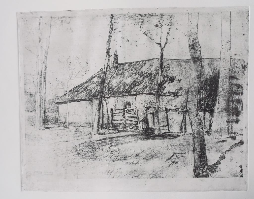 Frans Hens Hoeve Kempen ets gesigneerd in plaat ca 1900, Antiek en Kunst, Verzenden