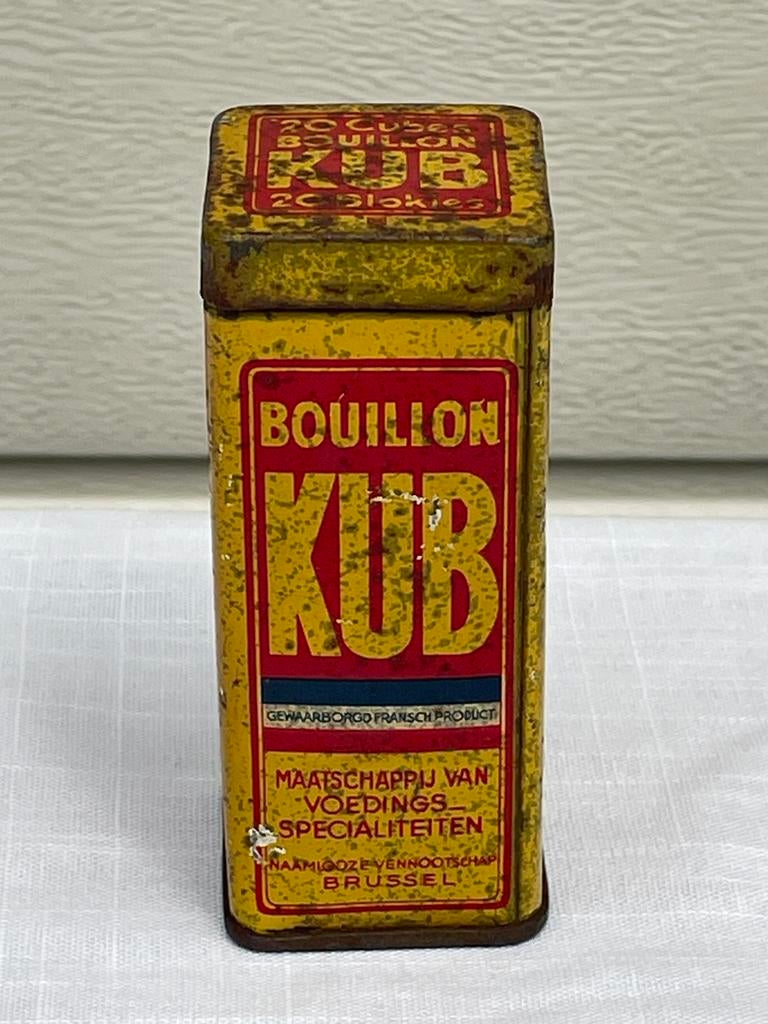 Ancienne boîte de bouillon de kub, Collections, Boîte en métal, Utilisé, Autre, Enlèvement ou Envoi