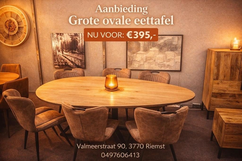 Eettafel Ovaal H&H, Ophalen, Industrieel - Landelijk - Scandinavisch, Eikenhout, Nieuw