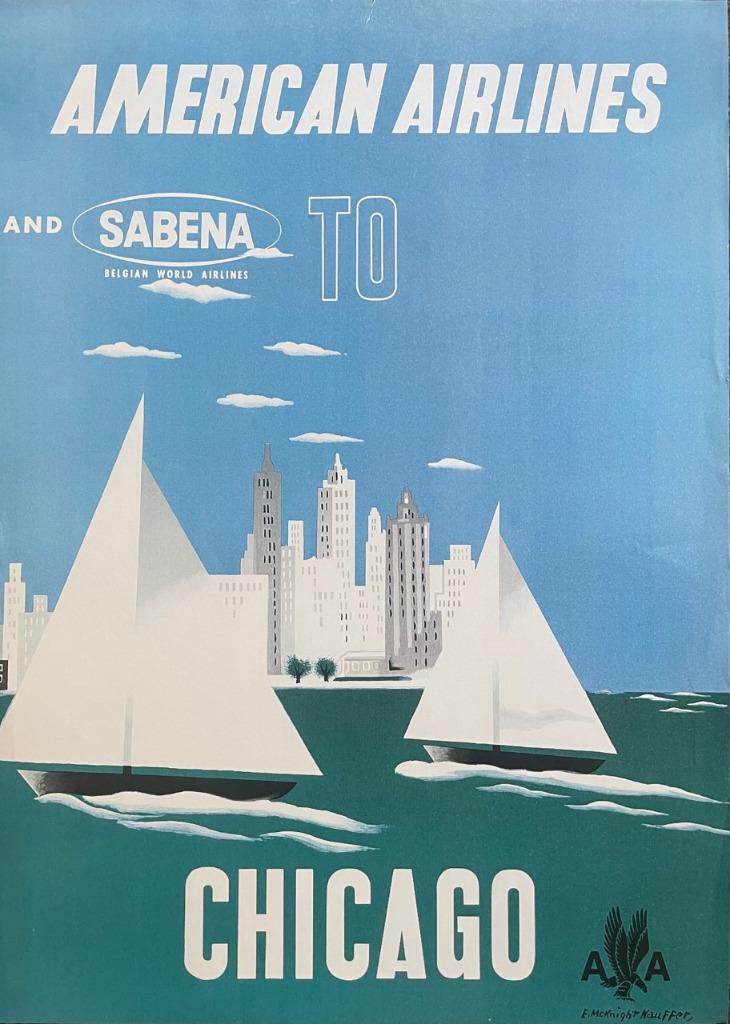 Affiche Sabena American Airlines Chicago luchtvaart, Ophalen of Verzenden