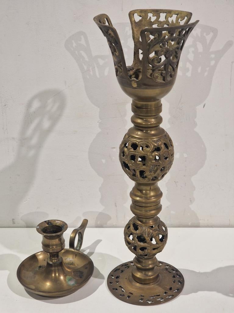 2 koperen kaarshouders , kerkkandelaar , hoogste 30 cm ,, Ophalen of Verzenden