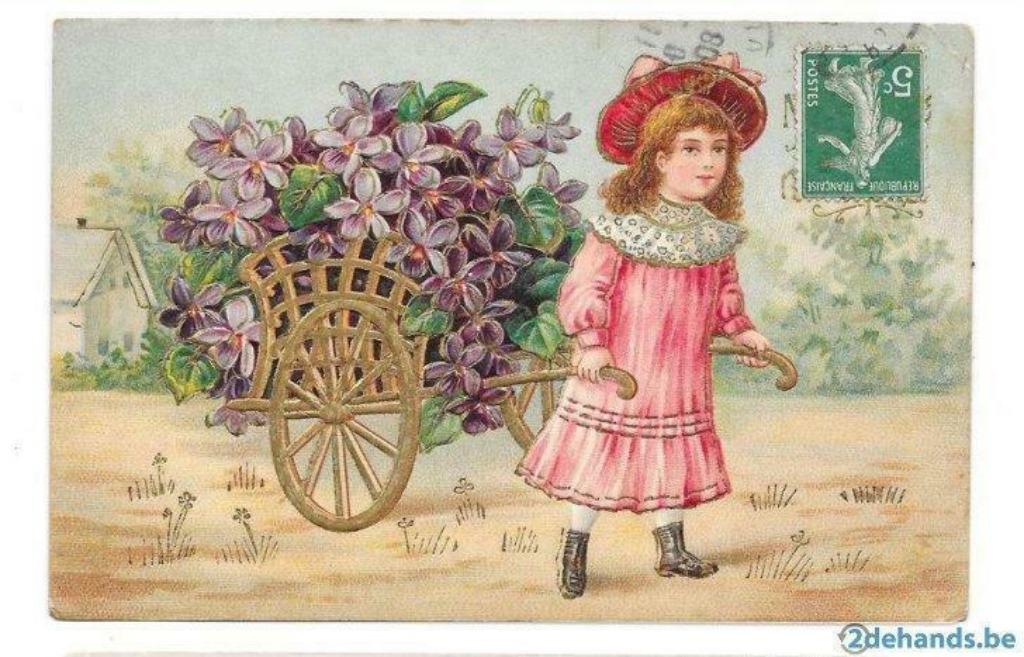Kind met bloemenkar, Ophalen of Verzenden, Gelopen, Kinderen