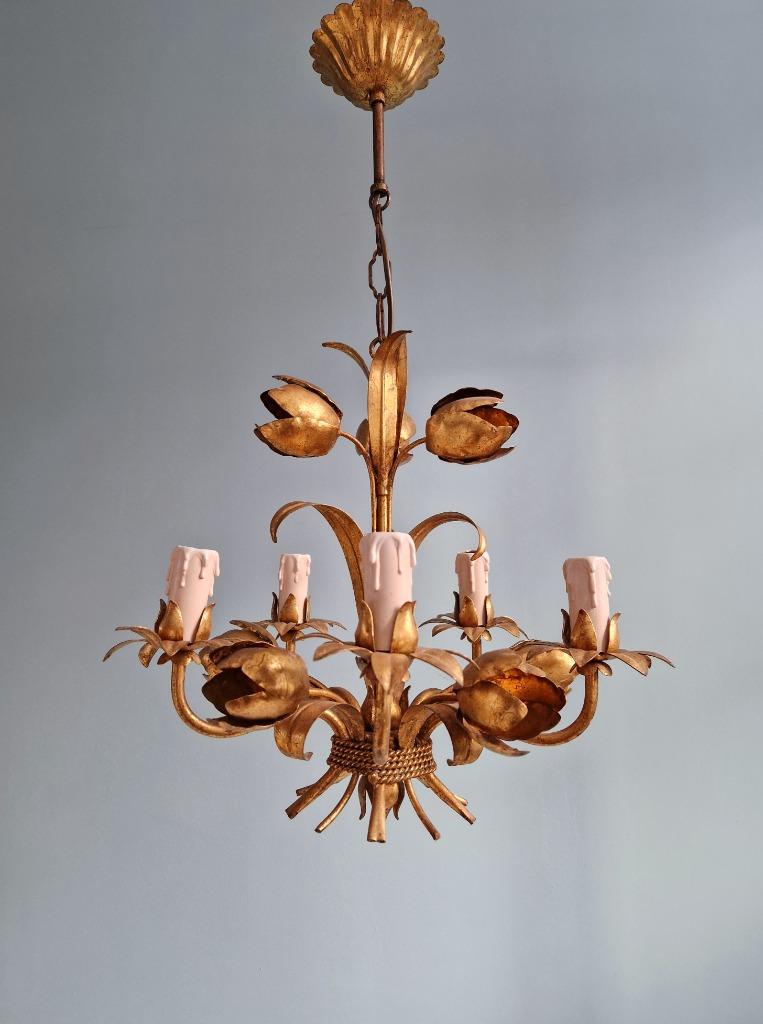 Lustre floral italien en métal doré, Hollywood Regency, 1970, Enlèvement ou Envoi
