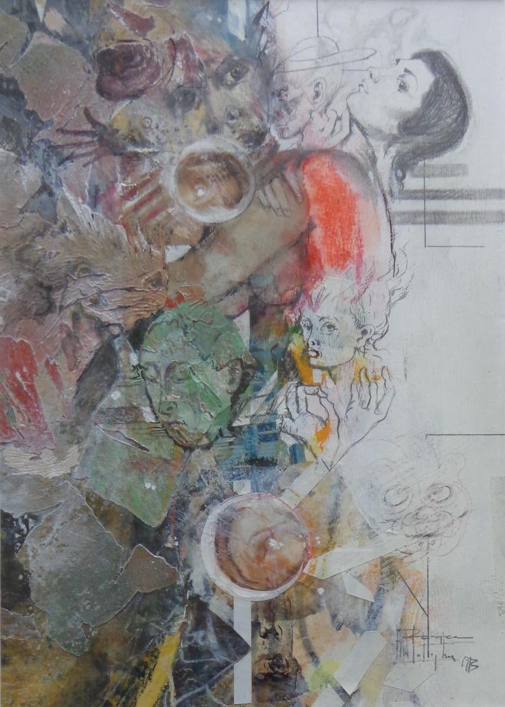 ROGER VAN BELLEGHEM / COMPOSITIE / ORIGINEEL / 45x34cm KADER, Antiek en Kunst, Kunst | Schilderijen | Modern, Figuren, Glas, Ophalen of Verzenden