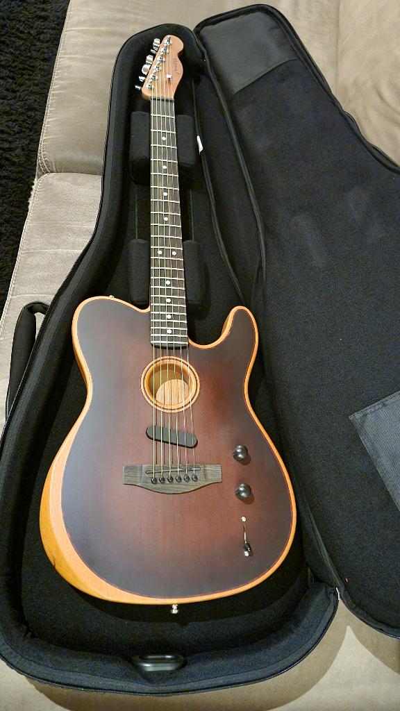 Fender Acoustasonic Tele American MAH EB, Enlèvement, Comme neuf, Guitare Western ou Guitare Folk, Avec valise