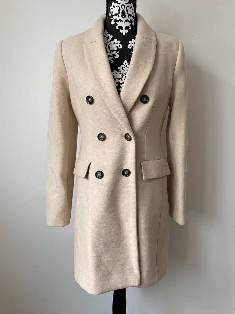 Crème-Beige mantel Mango - maat S (vals als XS)., Kleding | Dames, Jassen | Winter, Ophalen of Verzenden, Zo goed als nieuw, Maat 36 (S)