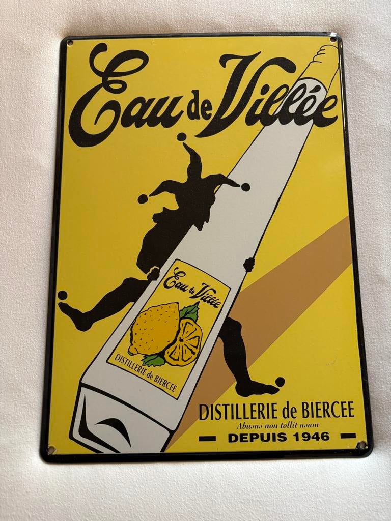 Plaque émaillée Eau de Villée distillerie de Biercée 1996, Collections, Enlèvement ou Envoi, Utilisé, Panneau publicitaire