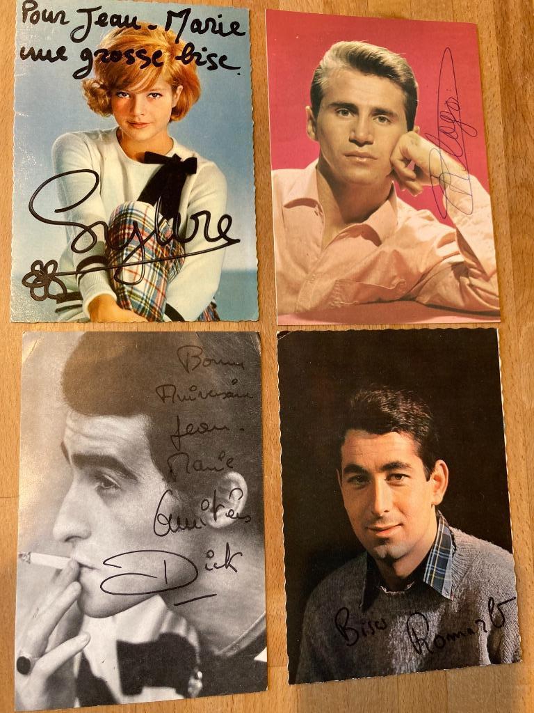 4 gesigneerde postkaarten , Franse chanson jaren 60, Ophalen of Verzenden, 1960 tot 1980, Ongelopen, Muziek