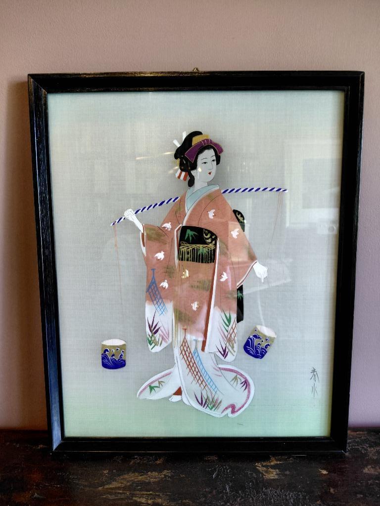 “Geisha”. Een japanse gouachetekening op zijde. Gesigneerd, Enlèvement ou Envoi