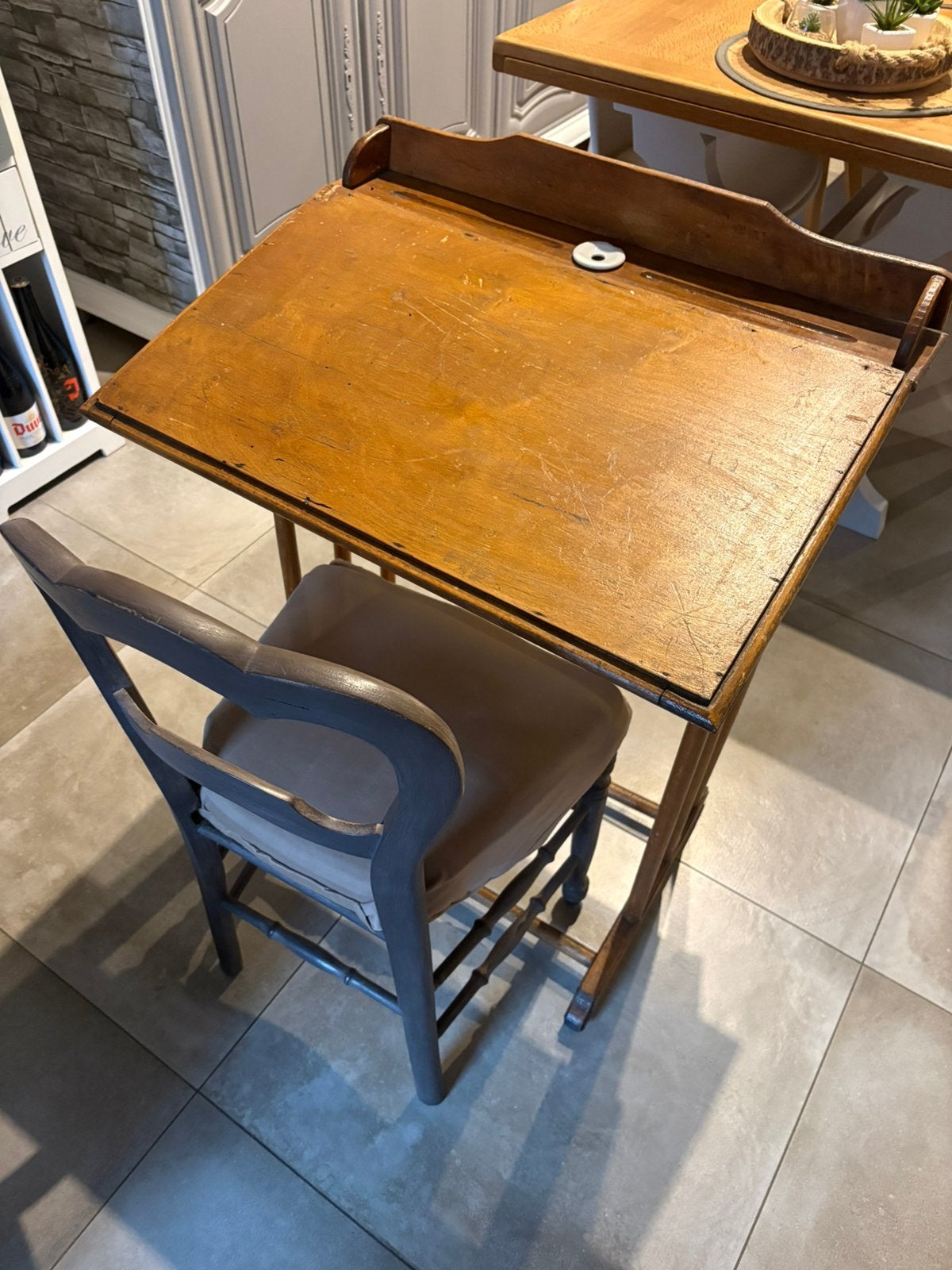 Ancien banc et chaise d’écolier (52/46/85 cm), Antiquités & Art, Enlèvement