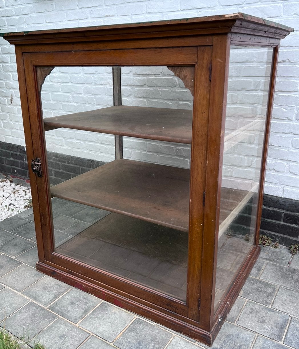 Authentieke oude winkelvitrine – hout & glas – ca. 1930–1950, Ophalen, Gebruikt, 75 cm of meer, 50 tot 100 cm