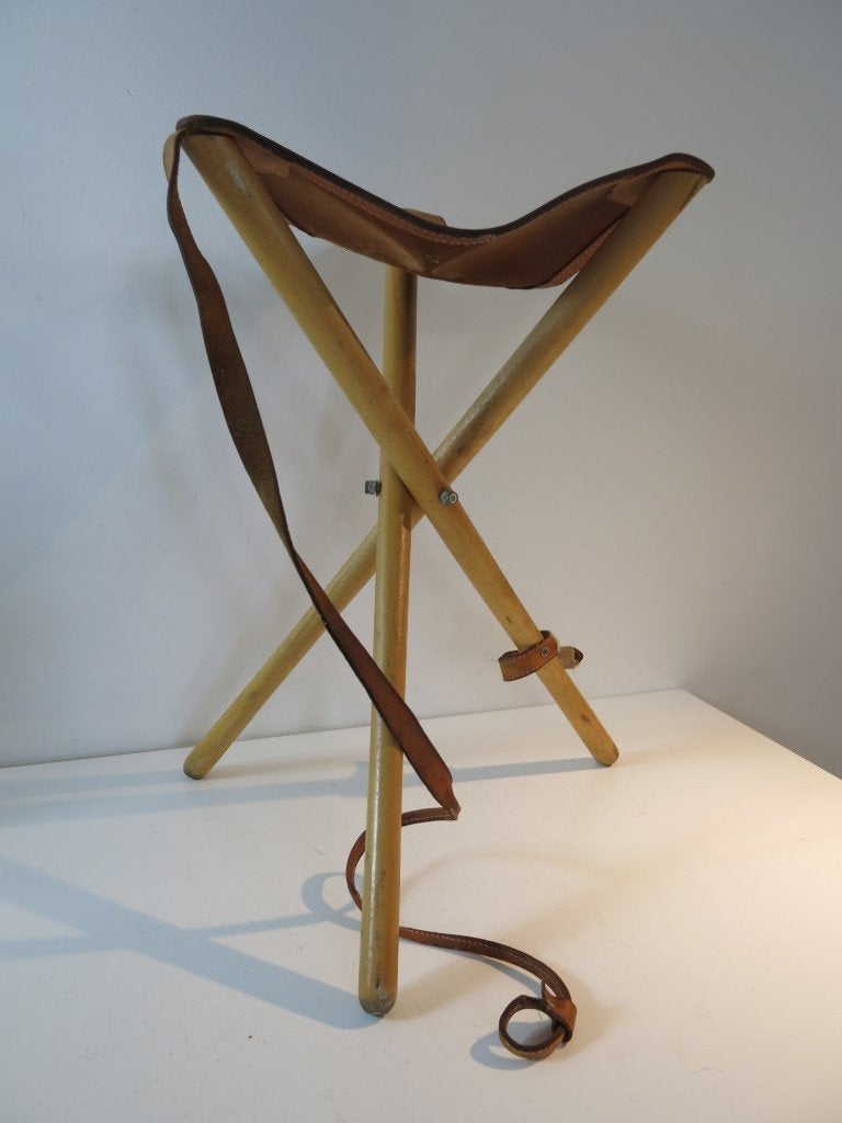 Trépied en cuir pliable vintage en bois, Enlèvement ou Envoi