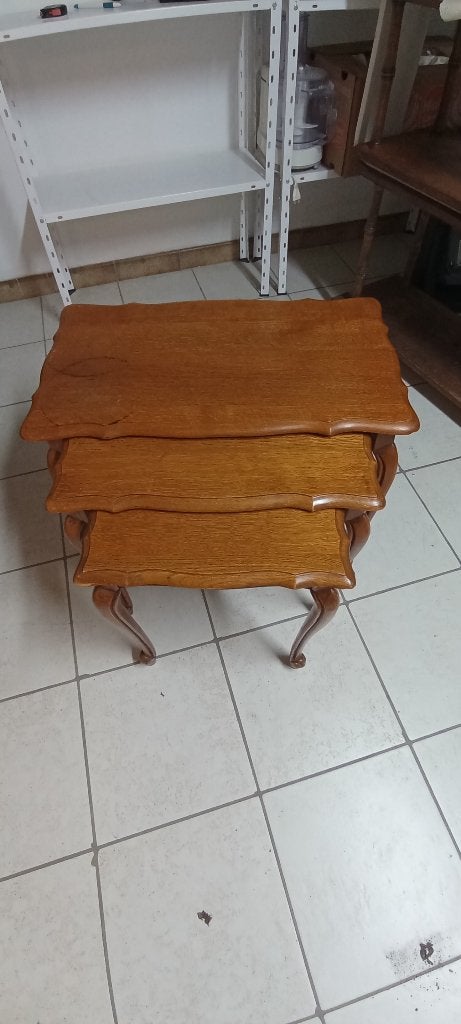 Retro bijzettafeltjes 3 stuks, Gebruikt, 55 tot 75 cm, Hout, Ophalen