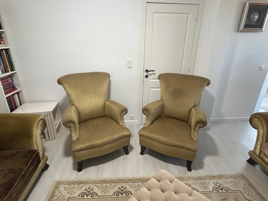 bankstel en fauteuil, Ophalen, Gebruikt, Hout, 75 tot 100 cm