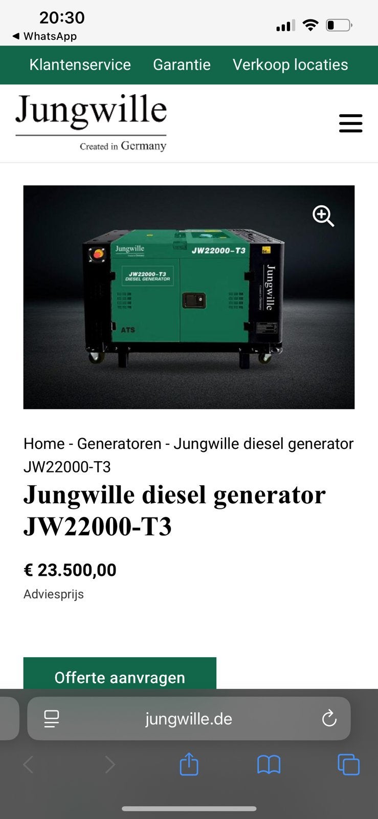 Jungwille diesel generator JW22000-T3, Doe-het-zelf en Bouw, Aggregaten, Ophalen, Zo goed als nieuw
