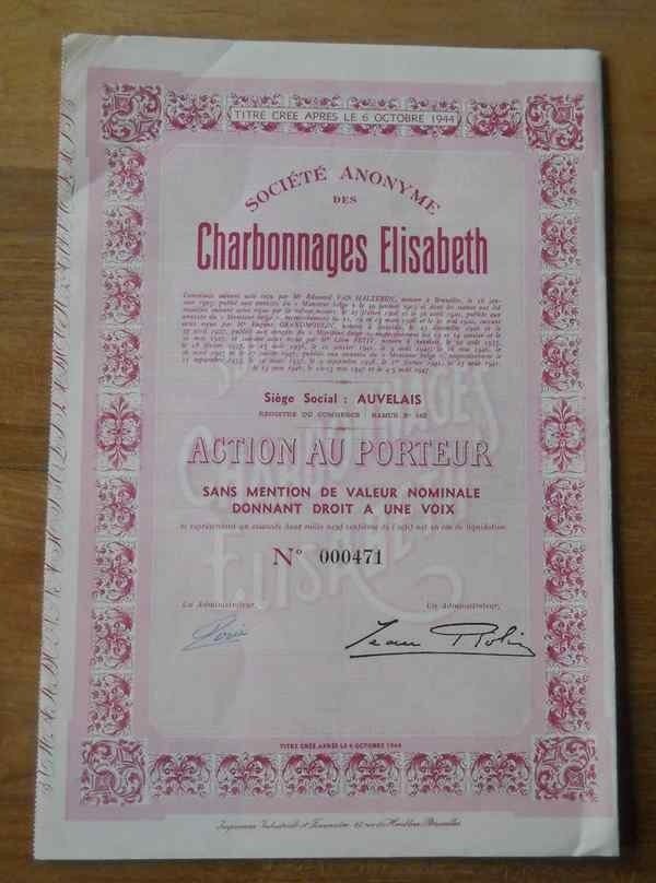 Ancien titre boursier Charbonnages Elisabeth - Auvelais, Postzegels en Munten, Aandelen en Waardepapieren, Ophalen of Verzenden