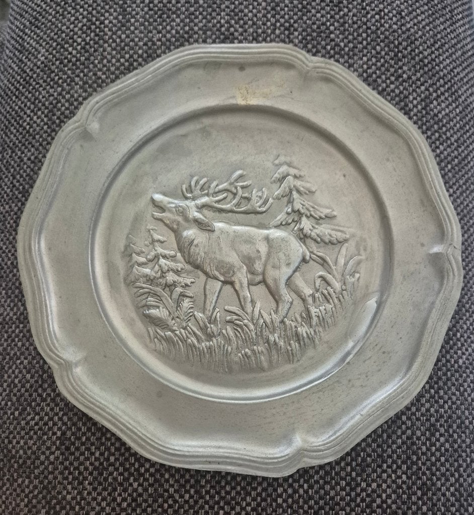 Vintage Tinnen Wandbord met Hert (Relief) 90% Zuiver Tin, Antiek en Kunst, Antiek | Tin, Ophalen of Verzenden